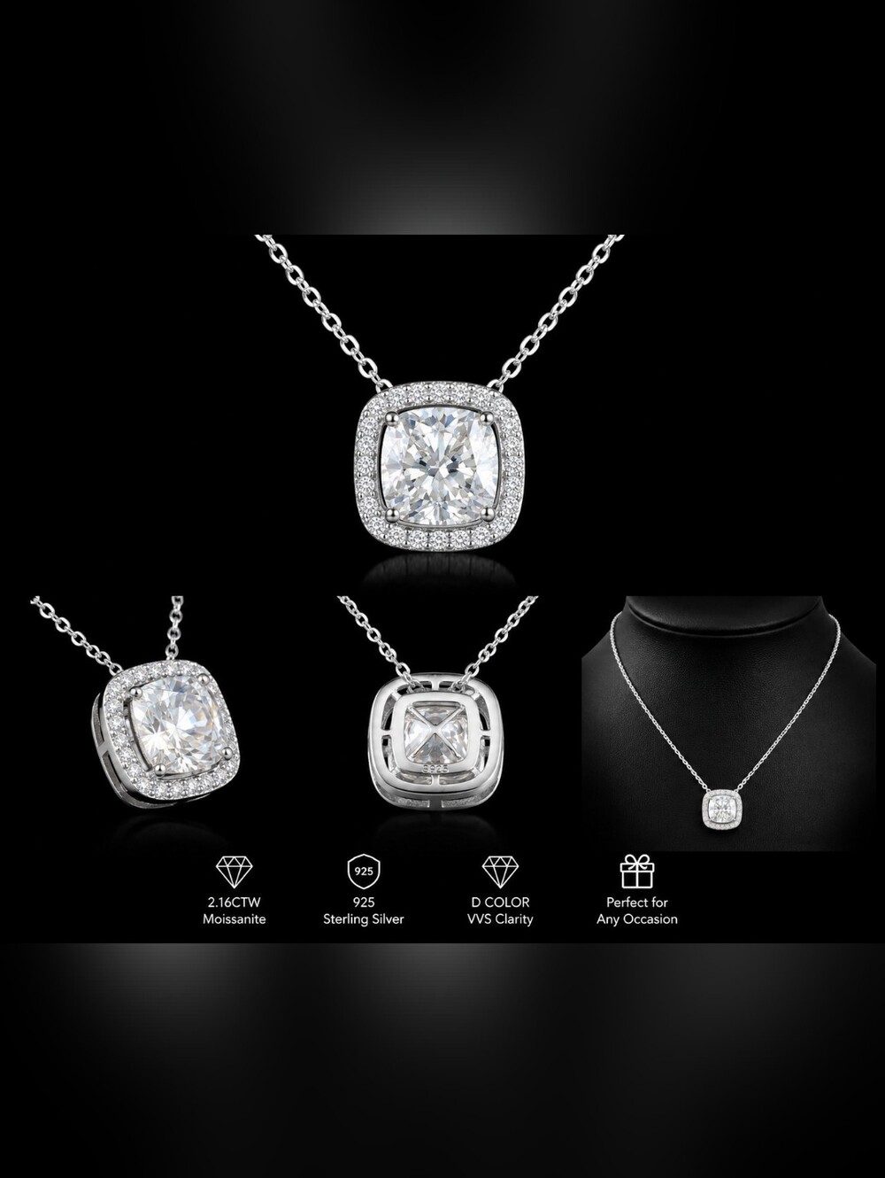 2.15CTW Moissanite Halo Pendant Necklace Sterling Silver 925 D/VVS”